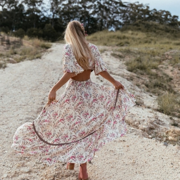 New Boho Cutout Summer Floral Maisie Bambi Beach Dress Cream Pink Purple - Picture 8 of 11